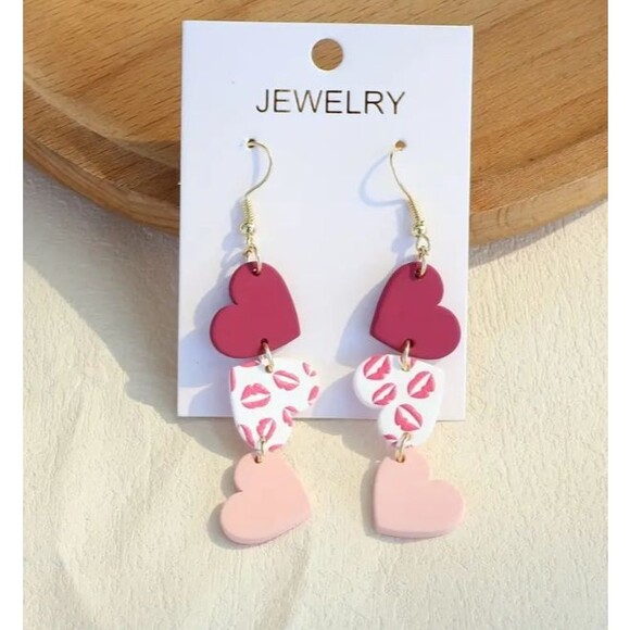 Heart Dangle Earrings Resin 3in. pink white and red Valentine's Day - Picture 1 of 1
